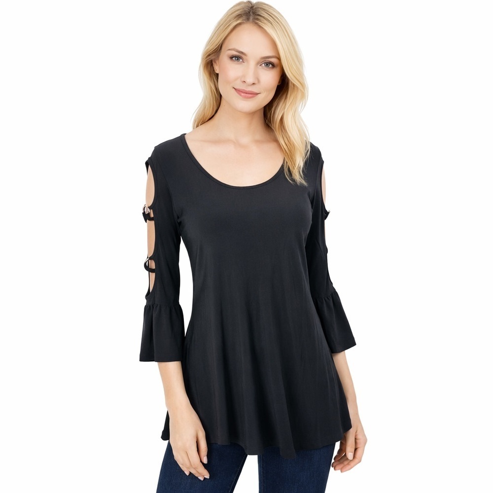 Joseph Ribkoff Black Tunic Top Silver Accent Slit Sleeves Jersey knit Size 10